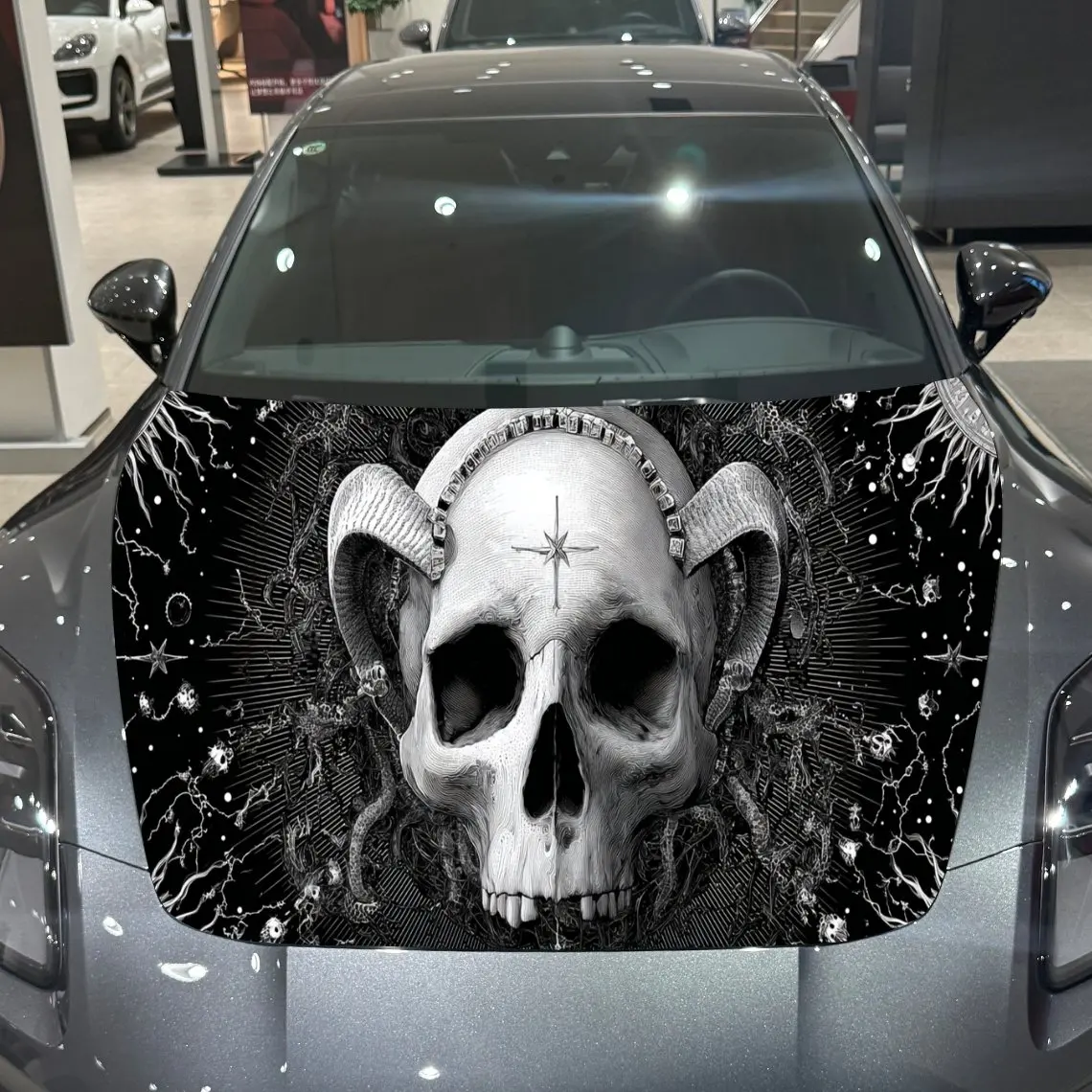 Ram Skull Dark Religious Style PVC Car Hood Wraps, Self-Adhesive Waterproof Car Bonnet Decal Sticker, Car Decoration Protection