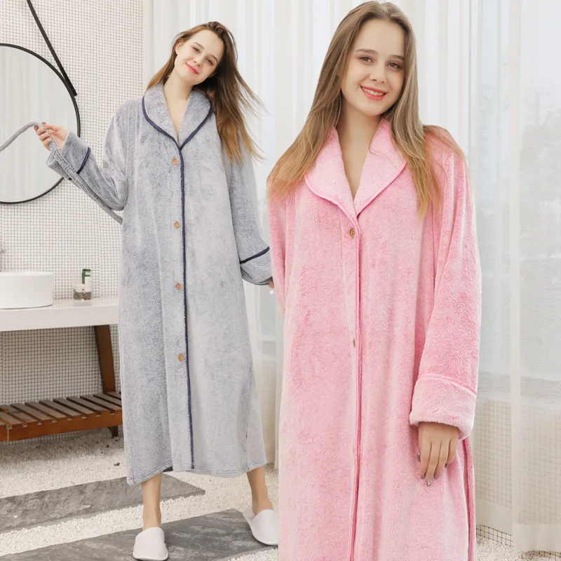 Flannel Long Robe Lapel Nightgown Autumn Winter Couple Sleepwear Thickened Coral Fleece Nightwear Bathrobe Gown Loose Home Wear