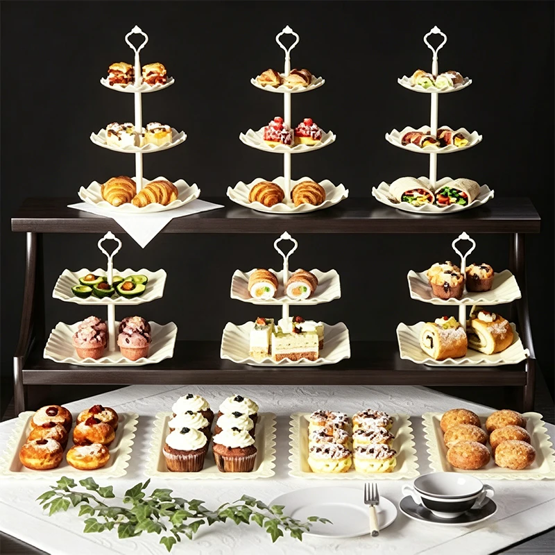 

10-piece milk-yellow plastic cake rack set, including 3 double-layer plastic cake racks and 3 triple-layer plastic cake racks. This plastic dessert table rack set also comes with 3 plastic cookie trays and 4 plastic dessert trays.