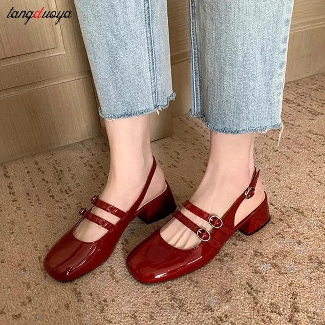 French Retro Red Mary Jeans shoes Woman Patent Leather Double Breasted Sandals Women Elegant Square Toe Single Shoes black