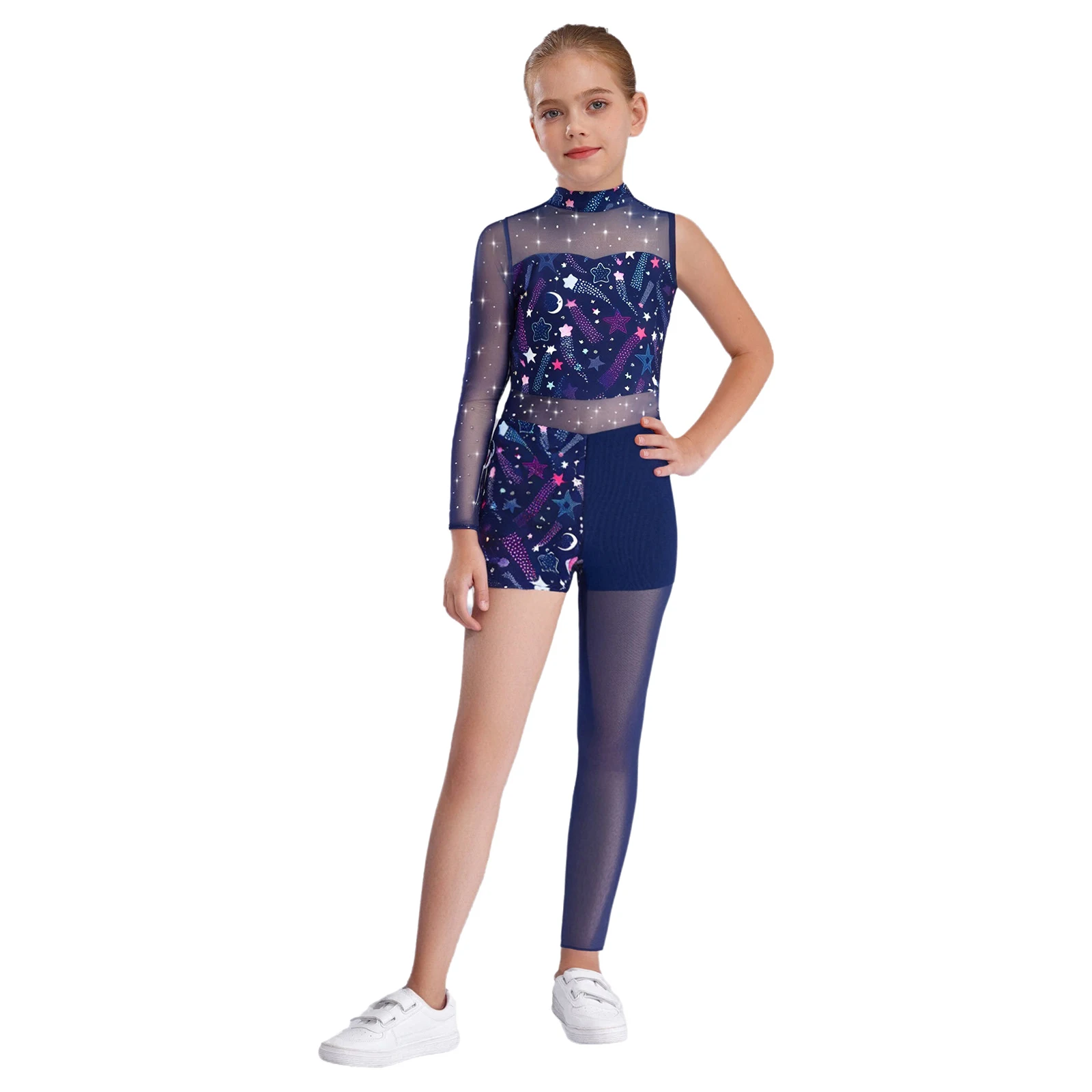 

Kids Girls Stylish Star Printed Shiny Dance Leotards Bodysuit for Ballet Figure Skating Acrobatics Stage Performance Costumes