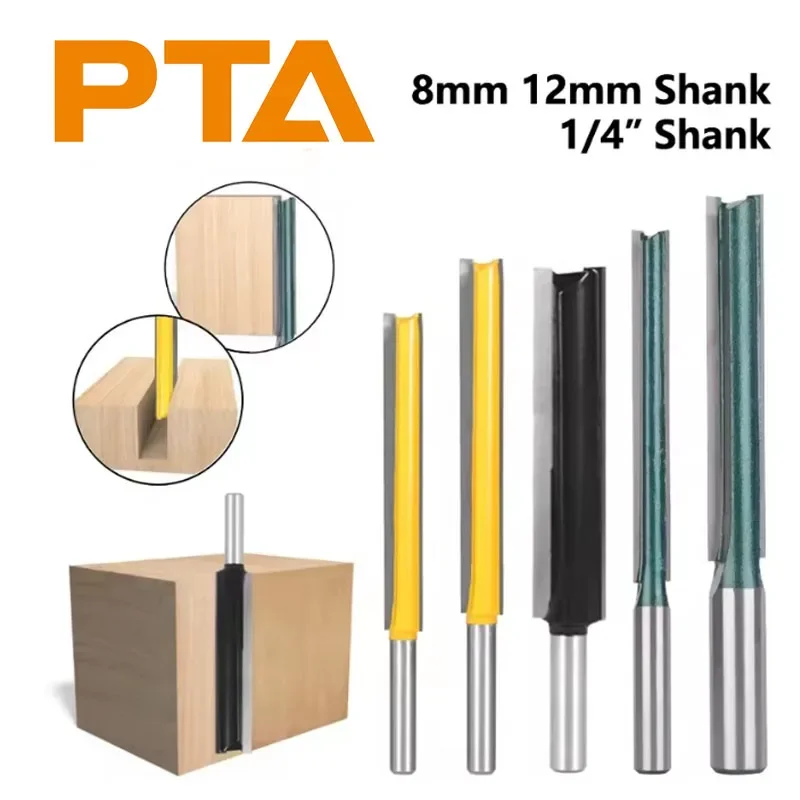 PTA6.35MM 8MM 12MM Shank Long Blades Straight Router Bits Milling Cutters for Woodworking Cleaning Flush Trim Yellow Green Black