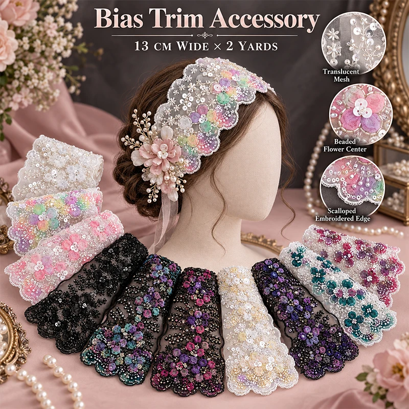 2 Yards Floral Lace Fabric 13cm Wide Beaded Lace Trimmings Flower Clothing Appliques Curtain Headdress Home Textile DIY Crafts