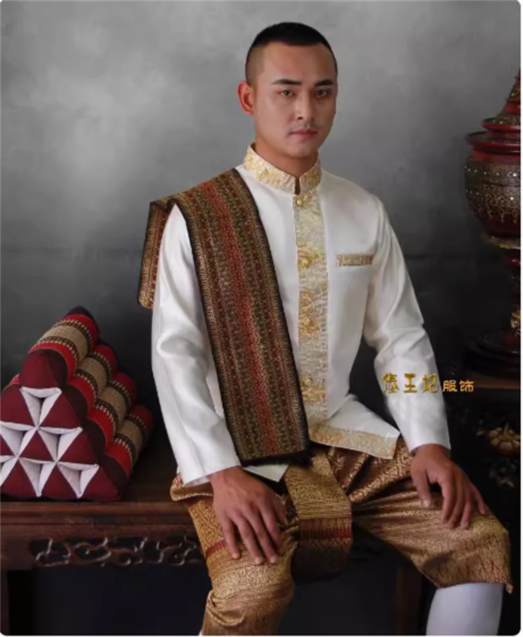 Roupa tradicional Dai Thai masculina, gola em pé, manga comprida