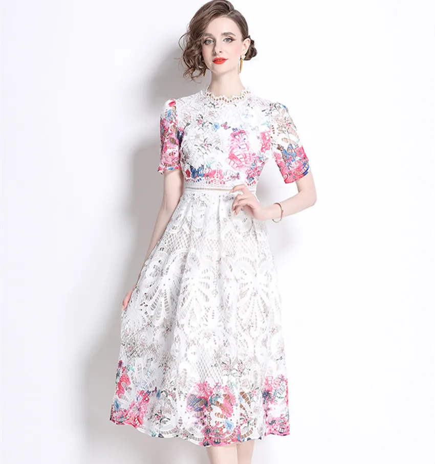 New High Quality Summer Lace Flower Print Midi Dress Fashion Women's Stand Collar Short Sleeve Hollow Out Prom Party Vestidos