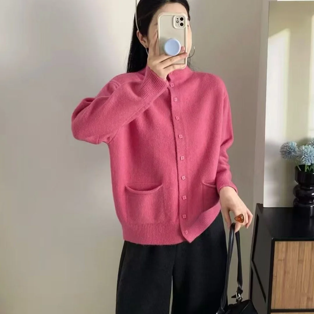 Suéter F de Tricô Casual de Outono, io, com Dois Bolsos, Estilo Solto, Cor Sólida, E, para o Dia a Dia, Mang...