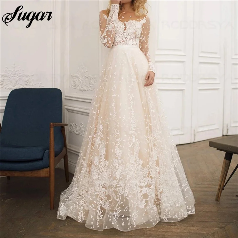 

Scoop Neck Lace Long Sleeves Champagne Wedding Dress Sexy Open Back Tulle Lace Applique Bridal Dress A-line vestidos noiva