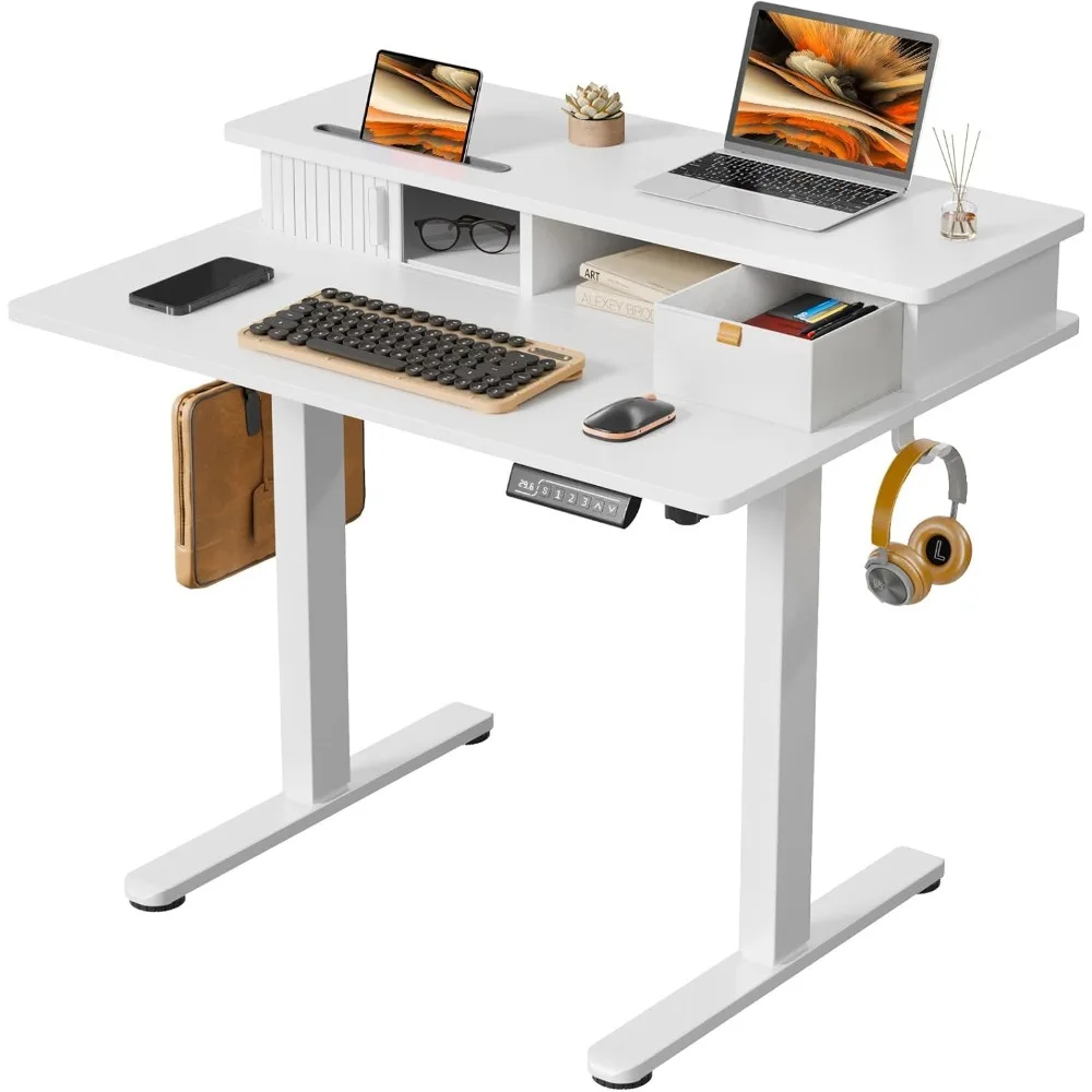 

Small Electric Standing Desk, 35" x 25" Height Adjustable Desk with Built-in Monitor Stand & Storage Drawer, White Sit Stand Ta