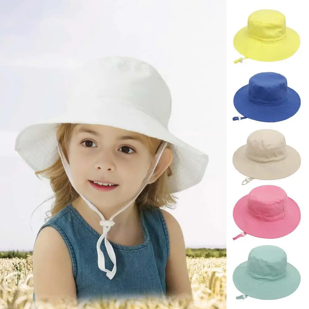 Summer Children Hat Big Brim Unisex Windproof Fixed Strap Sun Anti UV Cap Breathable Camping Beach Travel Sun Hat