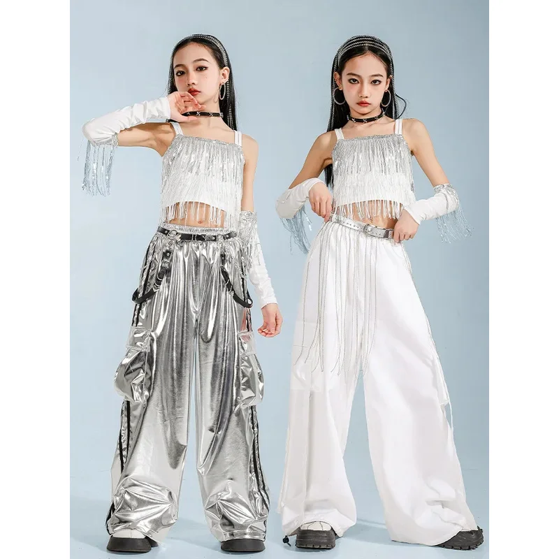 

Hip Hop Clothing Girl Crop Sequined T-shirts Girls White Pants K-pop Hot Shorts Kids Streetwear Child Jazz Dance Clothes Set
