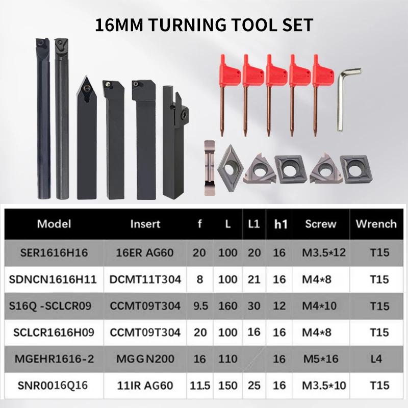 7Pcs 10MM 12MM 16MM CNC Lathe Turning Tool Holder Boring Bar Sets with Hard Alloyl Insert Wrench Kit for Turning Thread Grooving