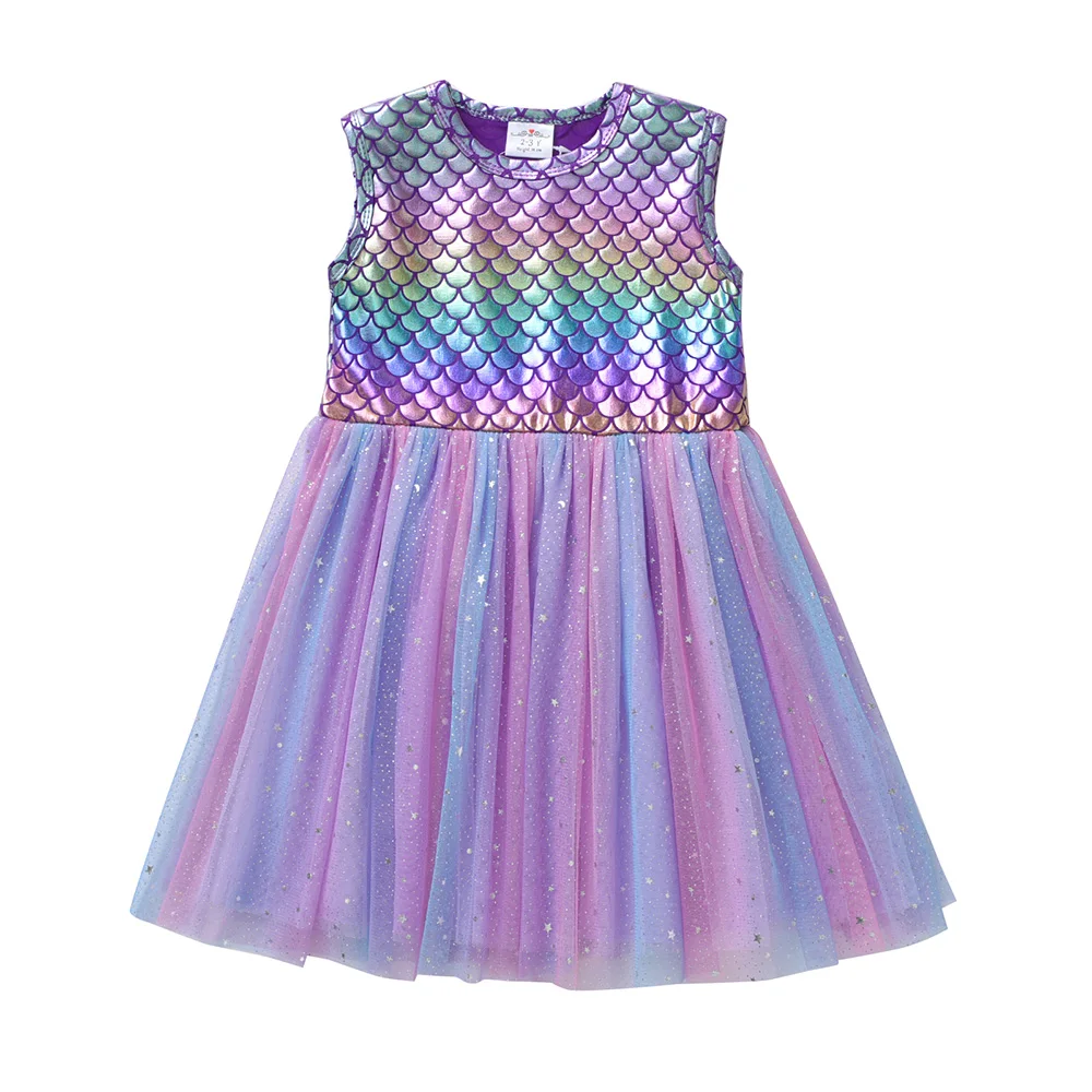 VIKITA Girls Mermaid Print Dress Kids Gradient Colorful Sequins Purple Sleeveless Summer Dresses Kids Party Beach Princess Dress