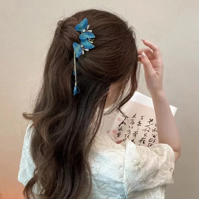 Tassel Blue Butterfly Hair Comb Clip Vintage Elegant Women Girls Ponytail Hair Clip Flower Leaf Tassel Hairpin Hair Styling Tool