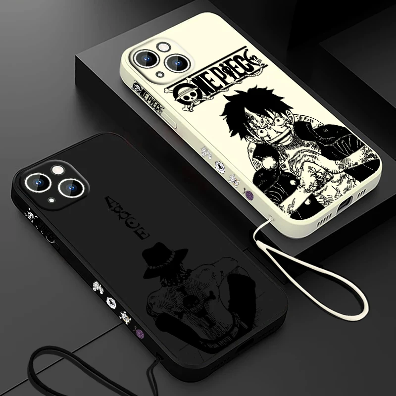 O-One Pieces Anime Cassa Del Telefono Per Apple iPhone 15 14 13 12 11 Pro Max Plus 8 7 SE Liquido Corda Sinistra Capa copertura