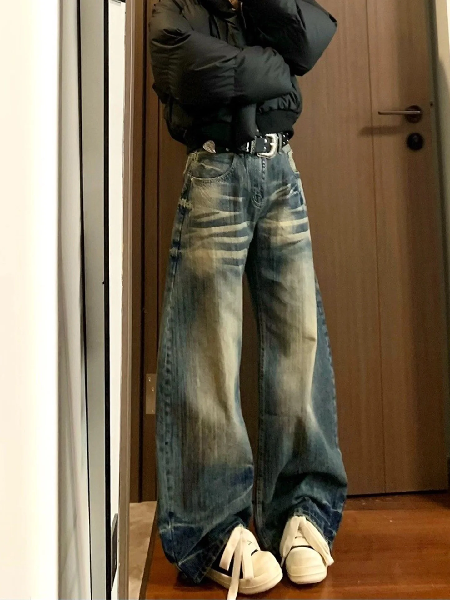 

American Style Faded Straight Leg Jeans Women Summer New Slimming Wide Leg Pants High Waist Denim Casual High Elasticity
