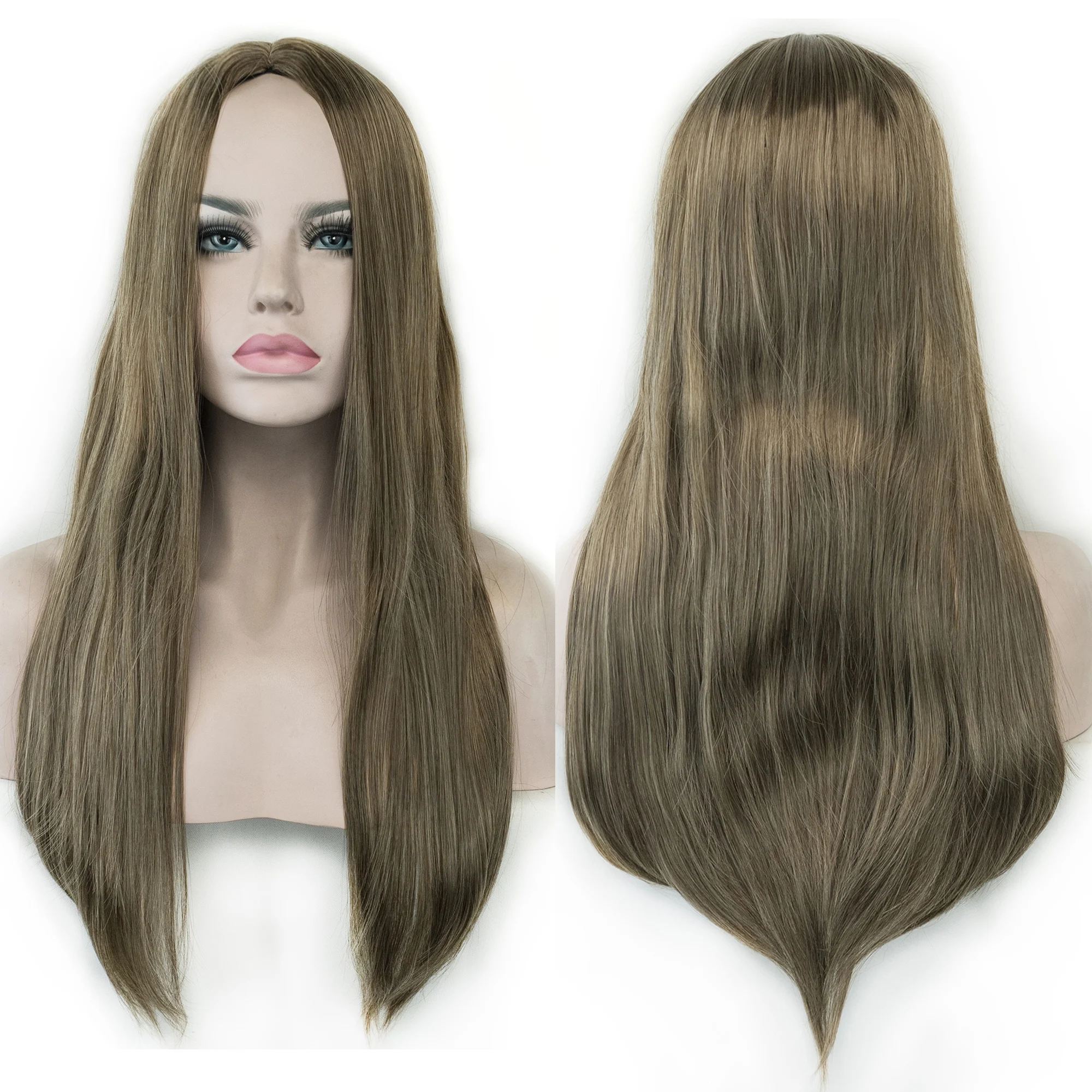 Women's Synthetic Hair Long Middle Part Grey Brown Wig Heat Resistant Glueless Natural Full Wig for Daily Wear Party Cosplay