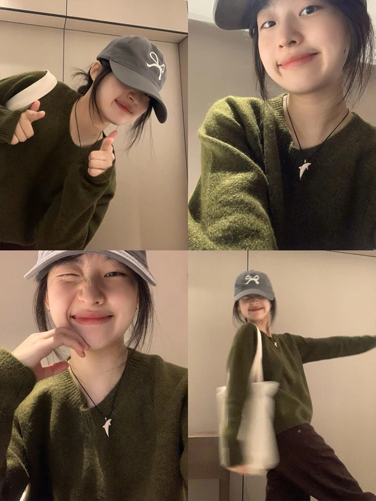 

Olive een Knitted Sweater Women's Autumn Winter Vintage Slim Fit round Ne Pullover Lazy Sle Outerwear Korean System Top