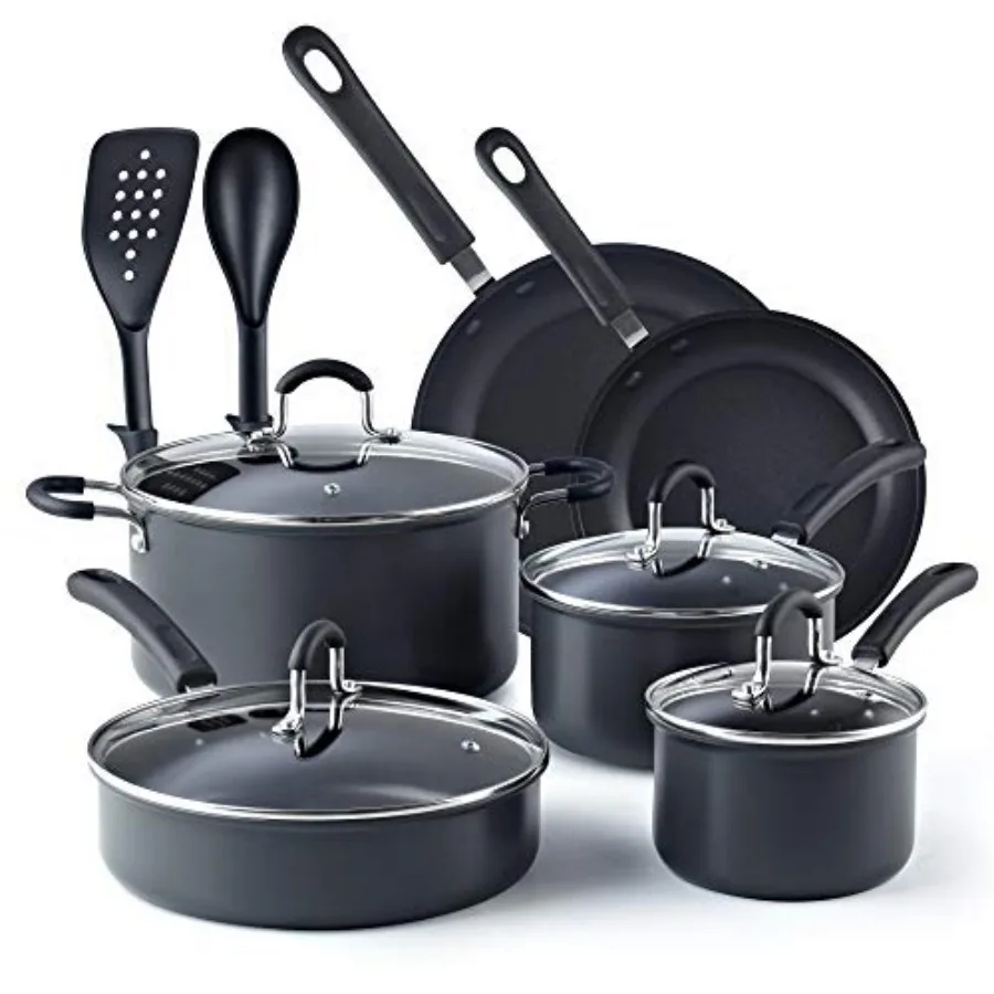 

Pots and Pans Set Nonstick Professional Hard Anodized Cookware Sets Dishwasher Safe with Stay-Cool Handles Black