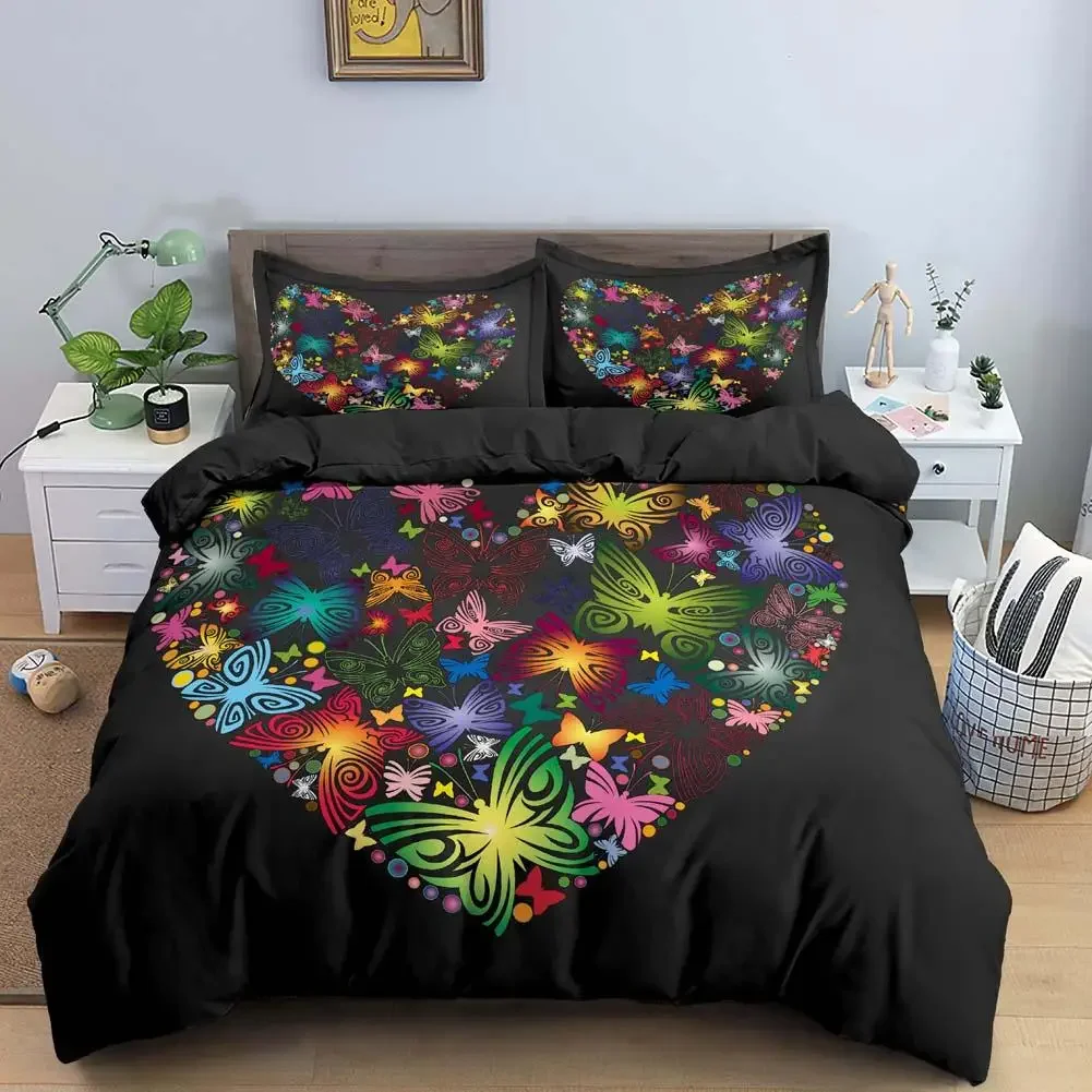 مجموعة غطاء لحاف على شكل فراشة، غطاء لحاف على شكل فراشة ملونة على شكل قلب، طقم سرير من البوليستر على شكل حيوان ربيعي طقم سرير للفتيات