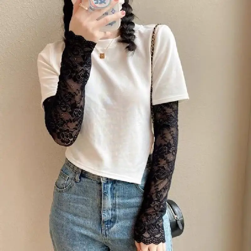Summer Women Ice Silk Lace Arm Sleeve Elastic Sleeve Driving Gloves Black White Long Fingerless Mittens Sunscreen Glove
