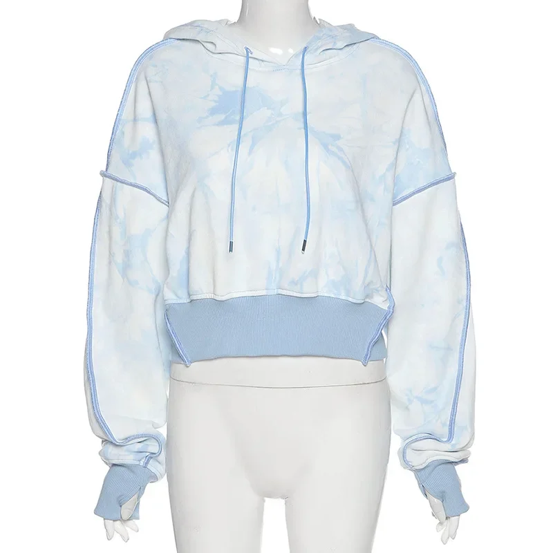Fall and Winter New 2024 Women's Short Loose Fashion Tie-dye Hooded Long Sleeve Blue Pullover Female Korean Hoodies Sweatshirt