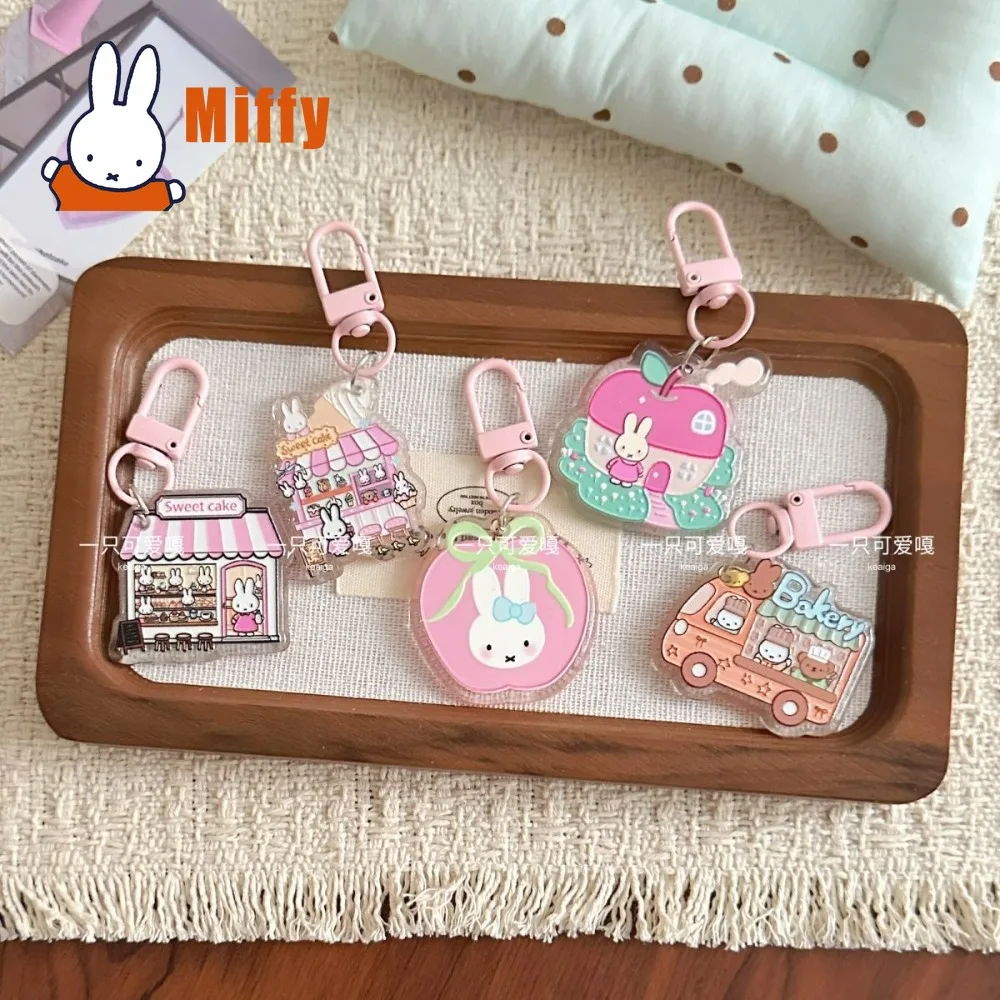 Kawaii Miffy Acrylic Keychain Cute Rabbit Sweet Cake Bakery Shop Apple House Design Pastel Pink Transparent Charm Bag Girl Gift