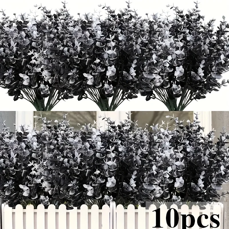 

4/10 pieces of black artificial flowers, fake outdoor UV resistant plants, fake plastic green shrubs, indoor and outdoor hanging