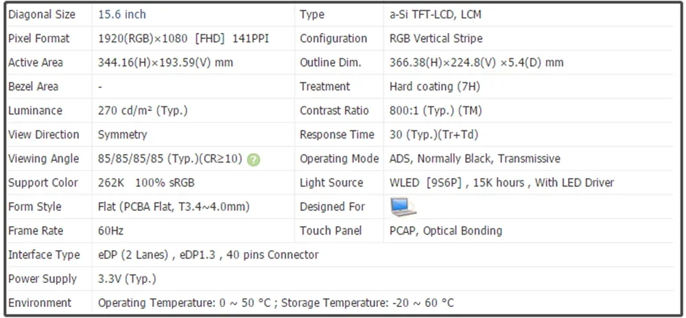 NV156FHM-A21 15,6-calowy ekran LCD IPS Panel EDP 40 pinów 270 cd/m2 60Hz 100% sRGB 1920x1080 FHD 141PPI Bezdotykowy NV156FHM A21