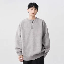 American style Henry collar sweater, men's autumn and winter trend, high-end sense, knitted sweater, loose and lazy style jacket