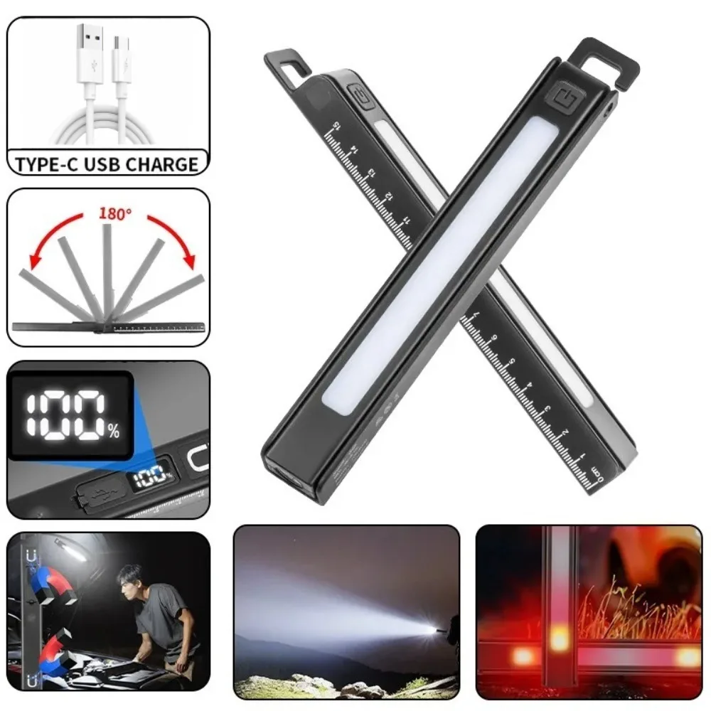 

Портативный складной светодиодный фонарик, рабочий свет 180° ° Магнитная аварийная лампа с вращающейся USB-зарядкой и линейкой