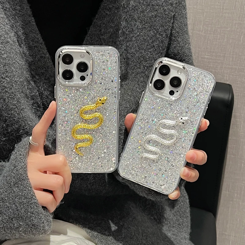 Gold Leaf Gold Snake - Silver Snake Metal phase circle For iPhone 16 15 14 13 12 11 Pro Max 7 8 Plus XR XS Max Phone Soft Shell