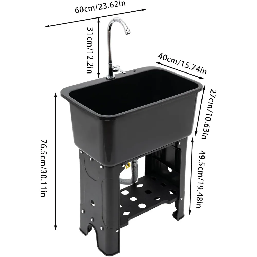 Black Freestanding Outdoor Laundry Sink with Faucet, Washboard, and Storage Shelf for Utility Use