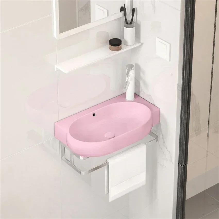 Pink Ceramic Wash Basin Wall Mounted Simple Washbasin Small Bathroom Wash Basin Household Balcony Wash Basin Sink With Bracket