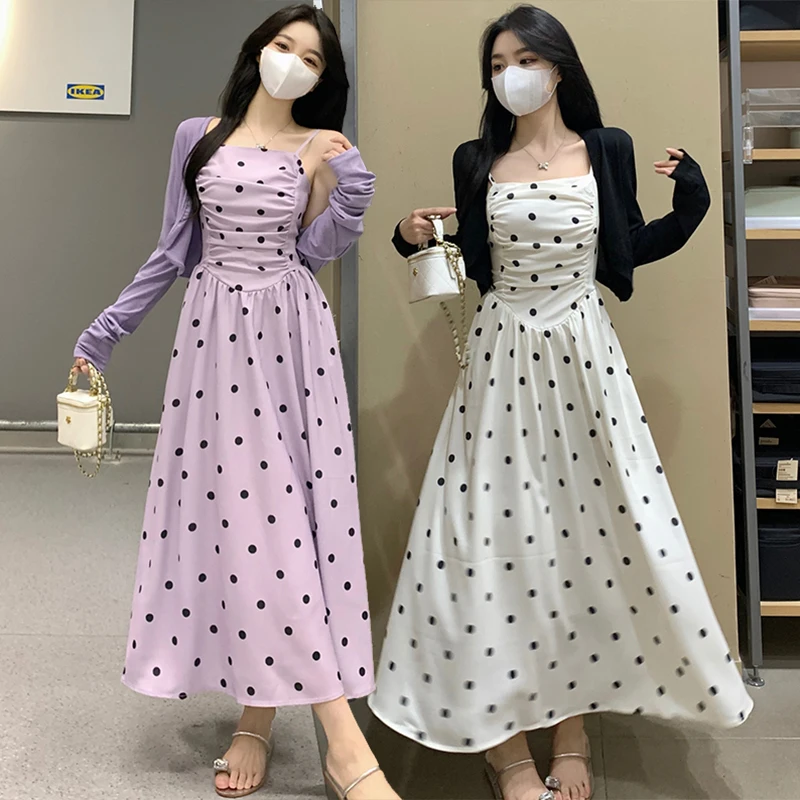 

Women Dresses Spaghetti Straps Sleeveless Polka Dots A-line Long Dress Slim Fit High Waist Zipper Chic Elegant 2024 Fashion