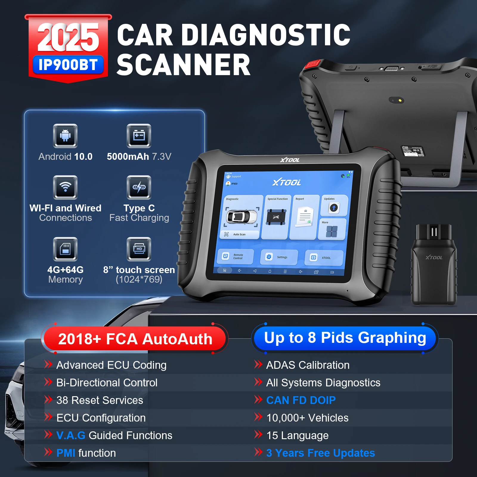 XTOOL IP900 BT Bluetooth Car Diagnostic Tools All System 38 Resets Bidirectional ECU Coding Automotive Scanner With CAN FD DOIP