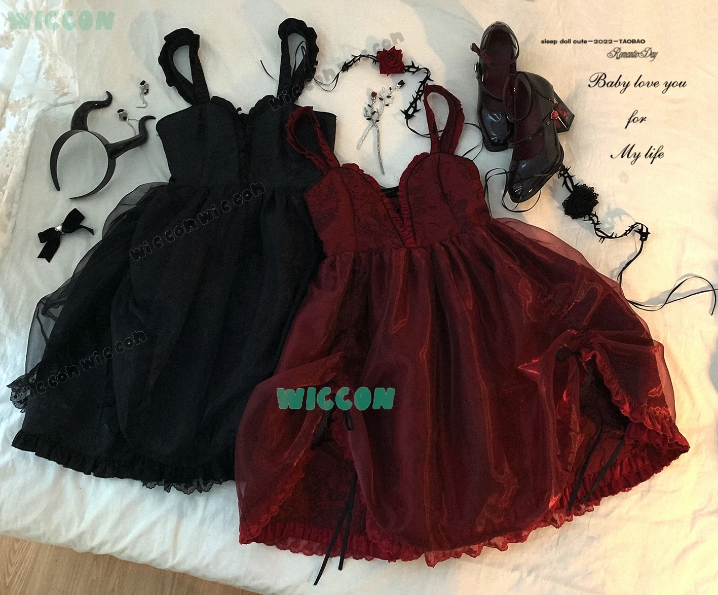 Dragon Official Anime Jacquard Organza Cosplay Dress Deep V Neck Lift Hem Jirai Style Cute Sweet Kawaii Lolita Outfit for Women