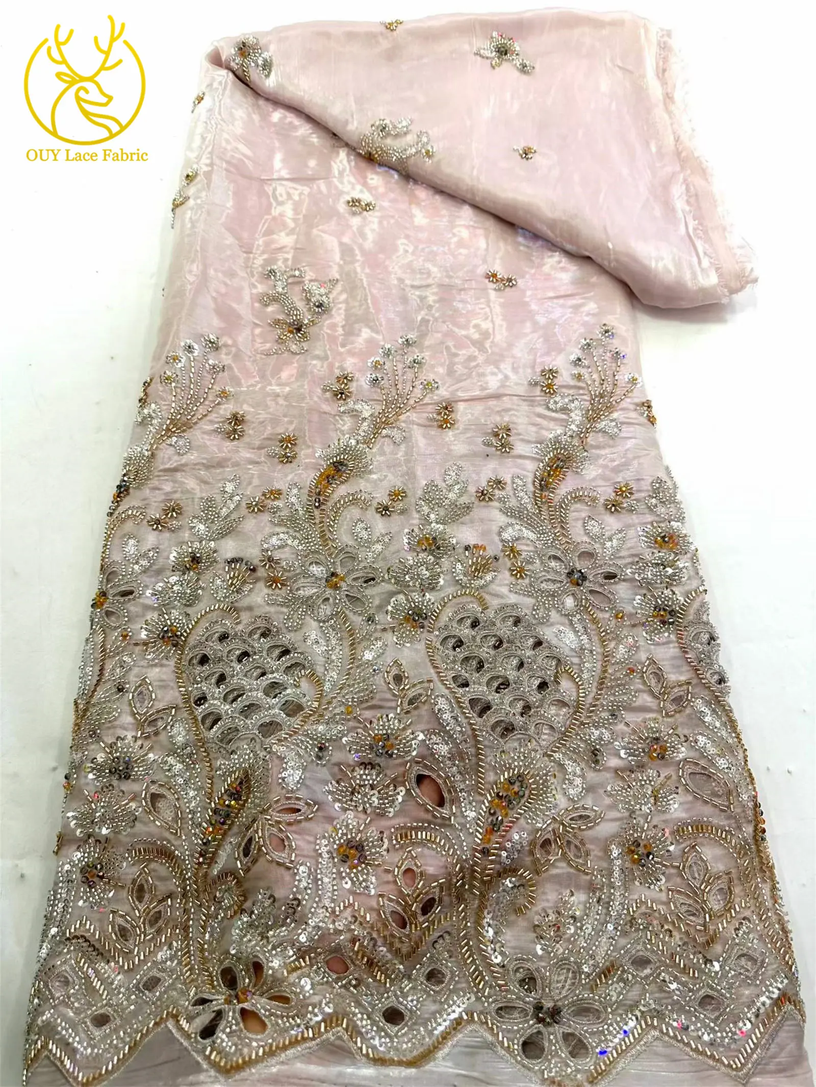 Neueste Afrikanische Schwer Verzierte Spitzenstoffe 5 Yards Nigerianische Schweizer Perlen-Pailletten-Spitze für Bräutigam-Kleider und Damenkleider zum Nähen – Detail 13