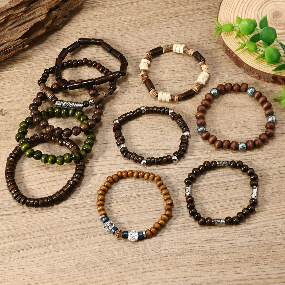 10PCS Bohemia Ethnic Beaded Bracelets For Men Vintage Multi Layer Wooden Beads Life Tree Beaded Bracelets Accessory Gifts Party image 6