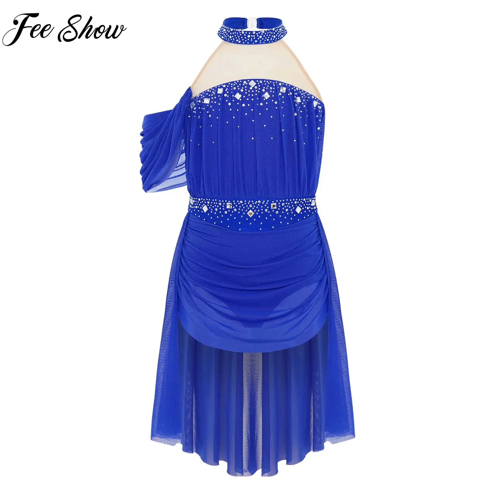 

Child Girls Ballet Dress Lyrical Modern Dance Clothes Halter Backless Rhinestones Ruched Mesh Drape Dress for Performance Party