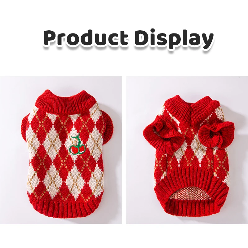 Winter Dog Sweater Fashion Plaid Dog Clothes Warm Soft Puppy Knitted Sweater Cherry Print Cat Pullovers Chihuahua Pet Clothes