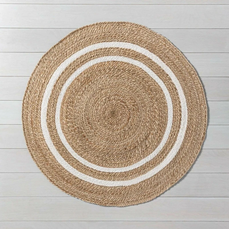 Rug Beige and White Round Stripe Mat Natural Jute Carpet Handloom Braided Double-sided Modern Living Area Rugs Reversible