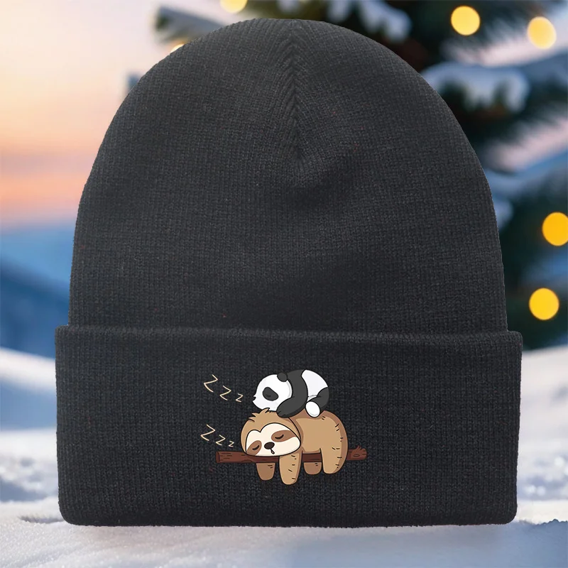 1pc Cute Sloth Panda Print Beanie Hat Sloth or Panda Matching Winter Cap, Soft Stretchy Unisex