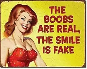 The Boobs are Real The Smile is Fake Female Humor Barber Shop HairCreative Tin Sign Funny Novelty Metal Sign Wall Decor for Home