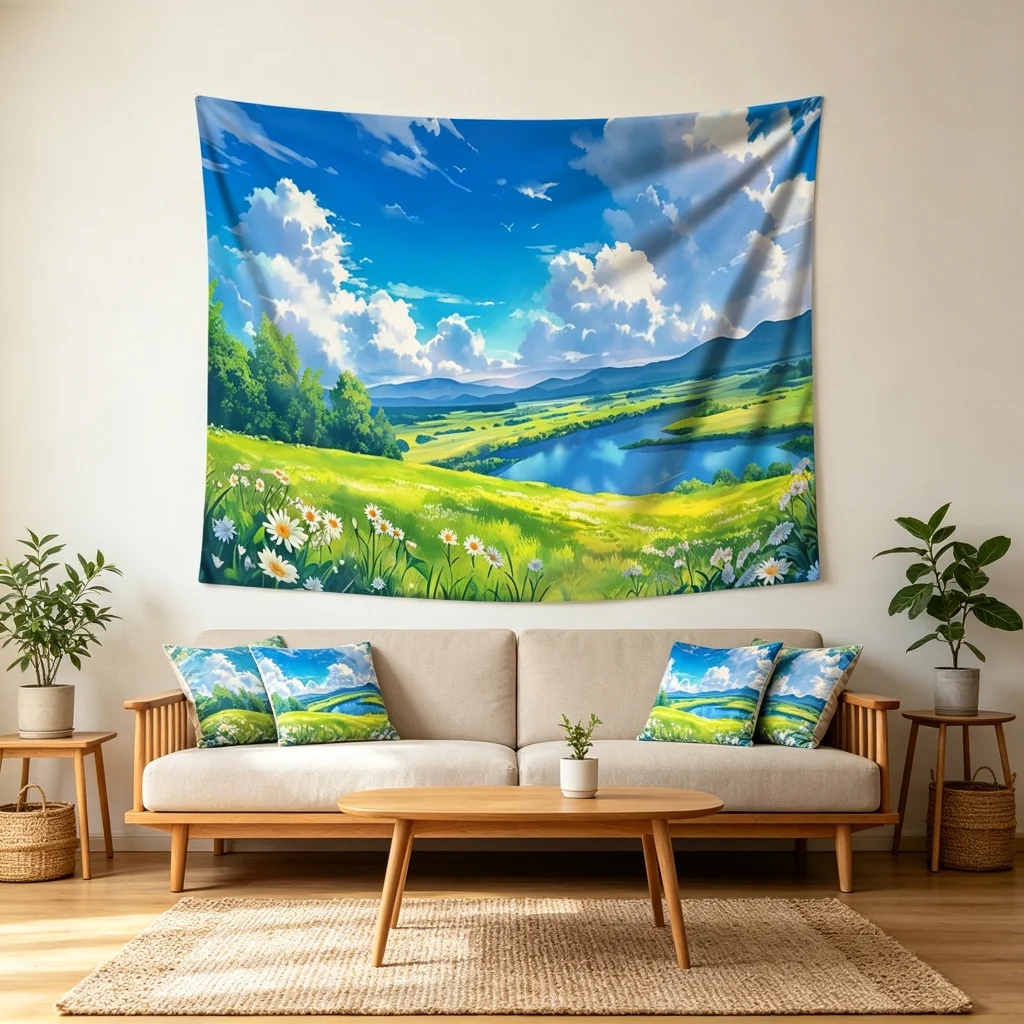 1PC Field River Anime Scenery View Print Backdrop Banner, Bedroom Living Room Photo Background, Polyester, Home Decor, Wall Art