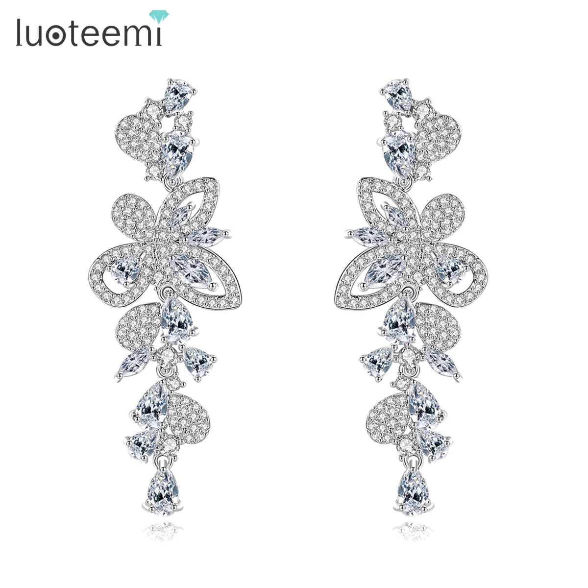 LUOTEEMI Shiny Cubic Zirconia Flower Tassel Drop Earrings For Woman New Fashion Bridal Wedding Party Unusual Girl's Luxury Gifts