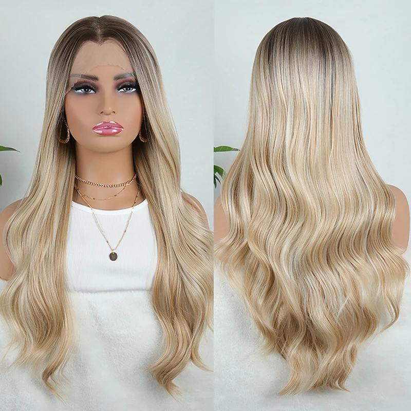 Snowdrop Hair Synthetic Highlight Ombre Daily Use Wigs Smooth High Quality Long Curly T Part Synthetic Lace Front Wig