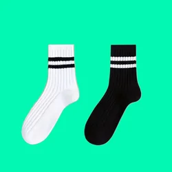 Chaussettes en coton à rayures noires et blanches pour hommes et femmes, respirantes, à col rond, mi-tube, simples, de haute qualité, 6/12 paires