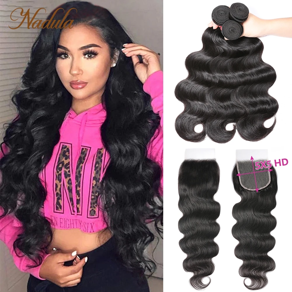 Nadula Hair 5x5 HD Lace Closure With Bundles Brazilian Body Wave Bundles With Closure Human Hair Transparent Frontal and Bundles