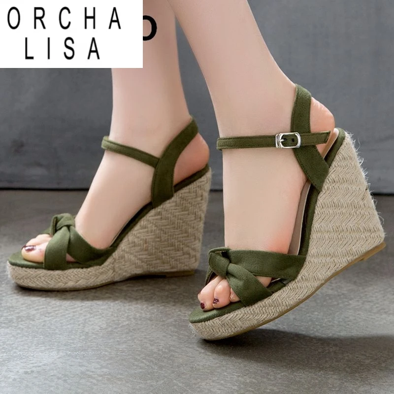 

ORCHA LISA Brand Women Sandals Open Toe Flock Suede Wedges 11cm Platform Buckle Strap Big Size 44 45 46 Soft Leisure Daily Shoes