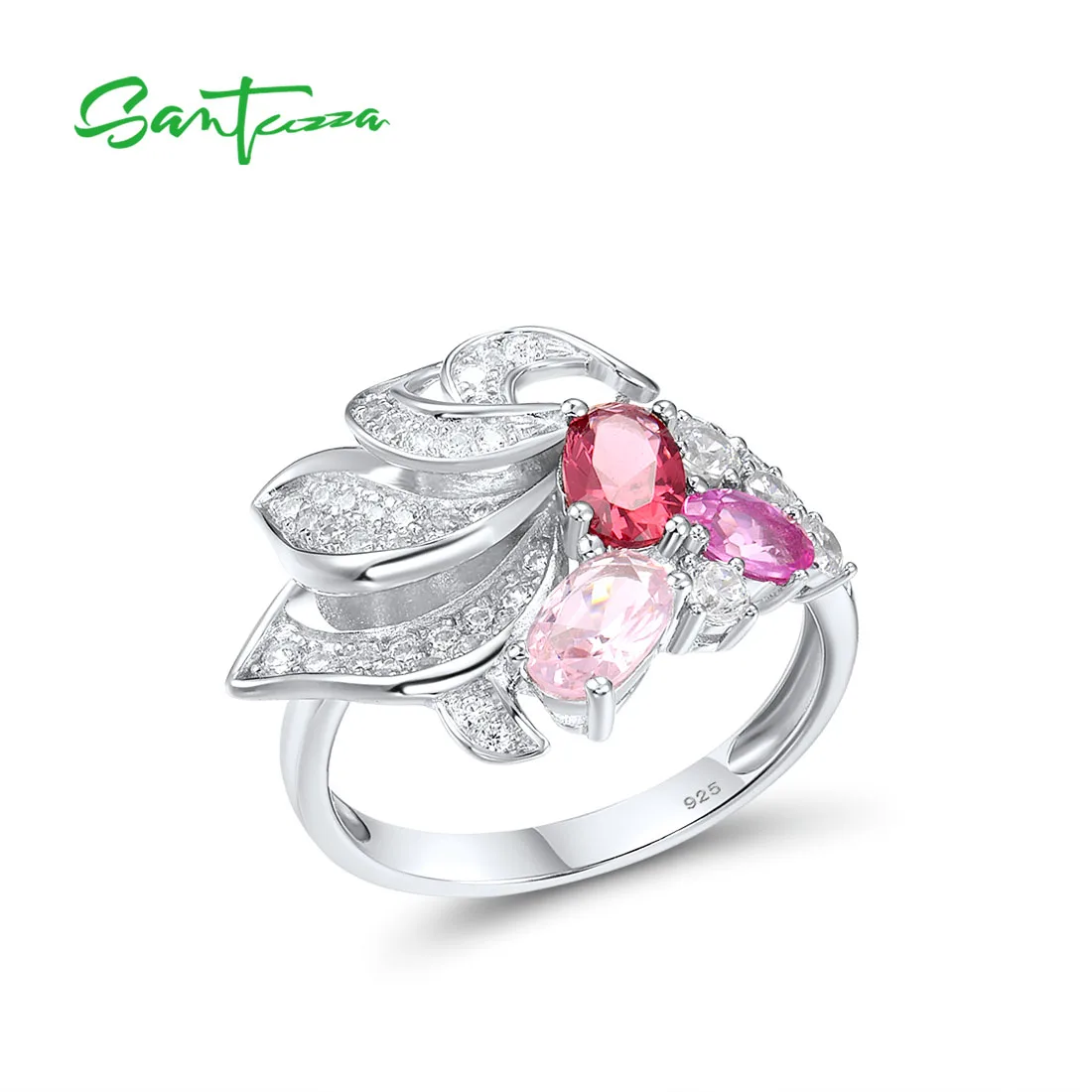 SANTUZZA Genuine 925 Sterling Silver Rings For Women Sparkling Red Pink Stones White CZ Cluster Ring Elegant Fashion Jewelry